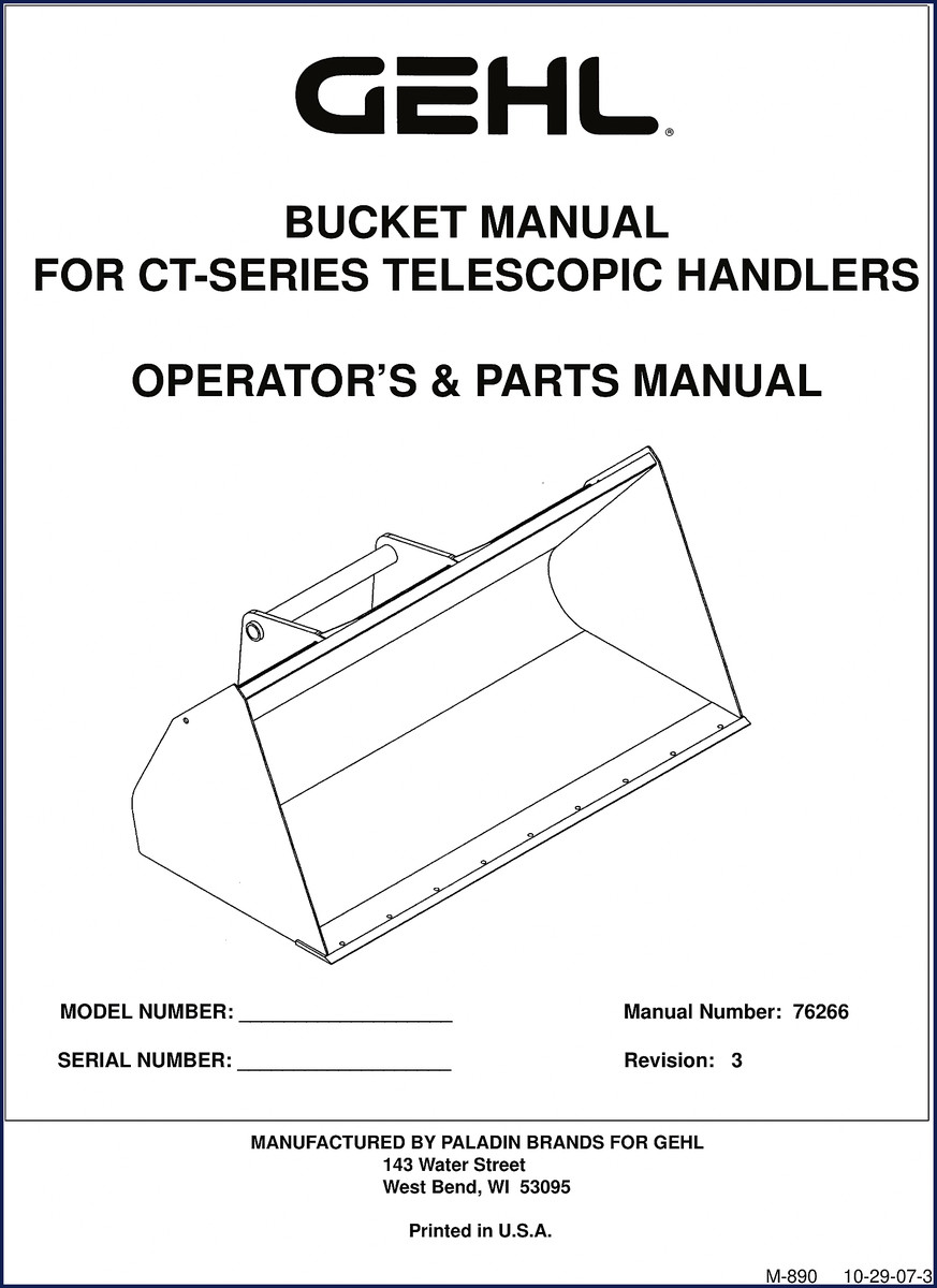 GEHL CT-Series 2007 Parts Catalog cover showing bucket manual for telescopic handlers