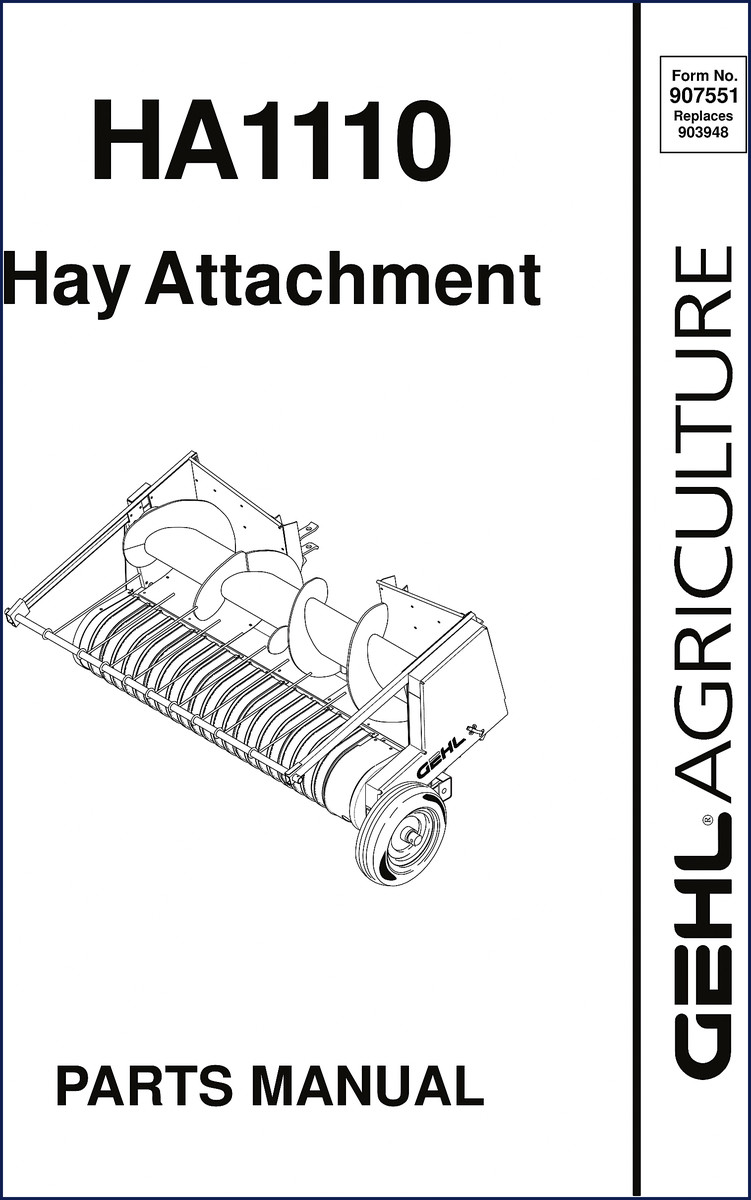GEHL HA1110 Parts Catalog cover showing Hay Attachment exploded view and manual details