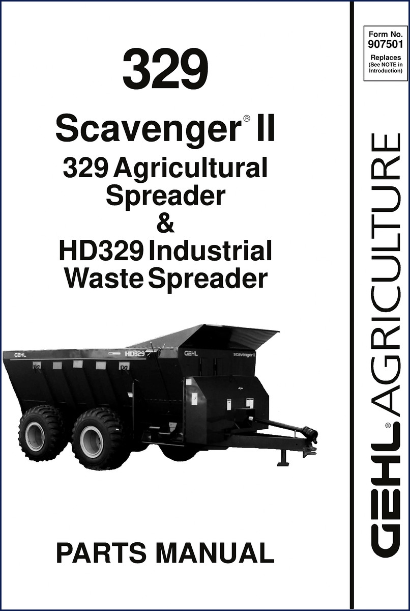 GEHL 329 and HD329 Parts Catalog cover showing Scavenger II spreader