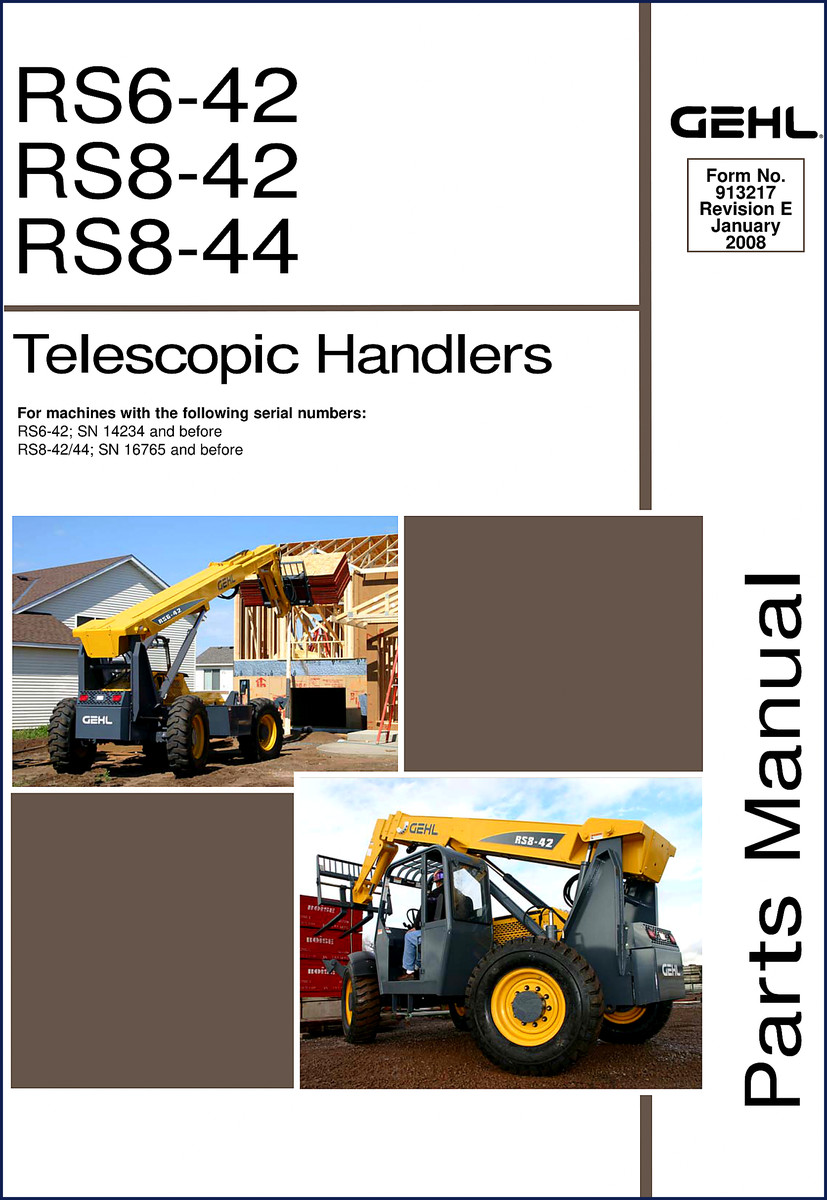 GEHL RS8-44 telescopic handler parts catalog cover showing model and serial number info