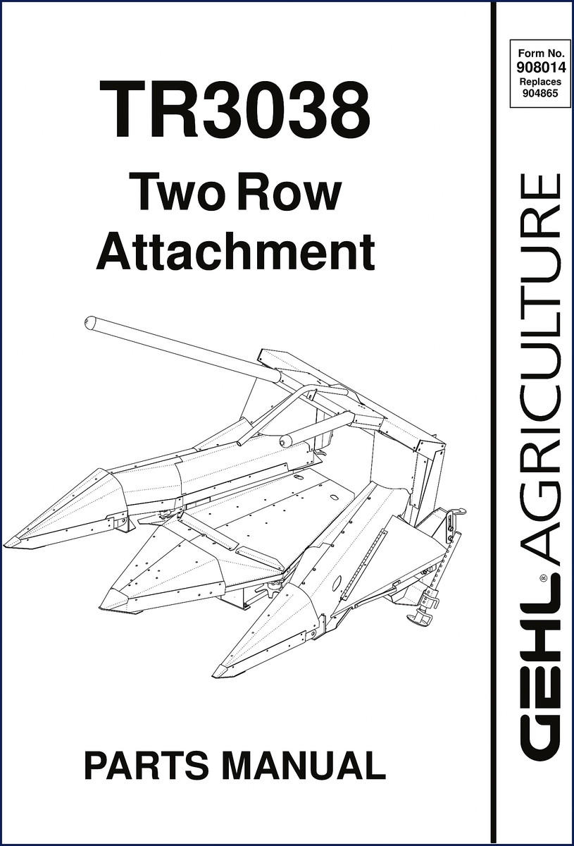 GEHL TR3038 Parts Catalog cover showing two-row attachment and parts manual designation
