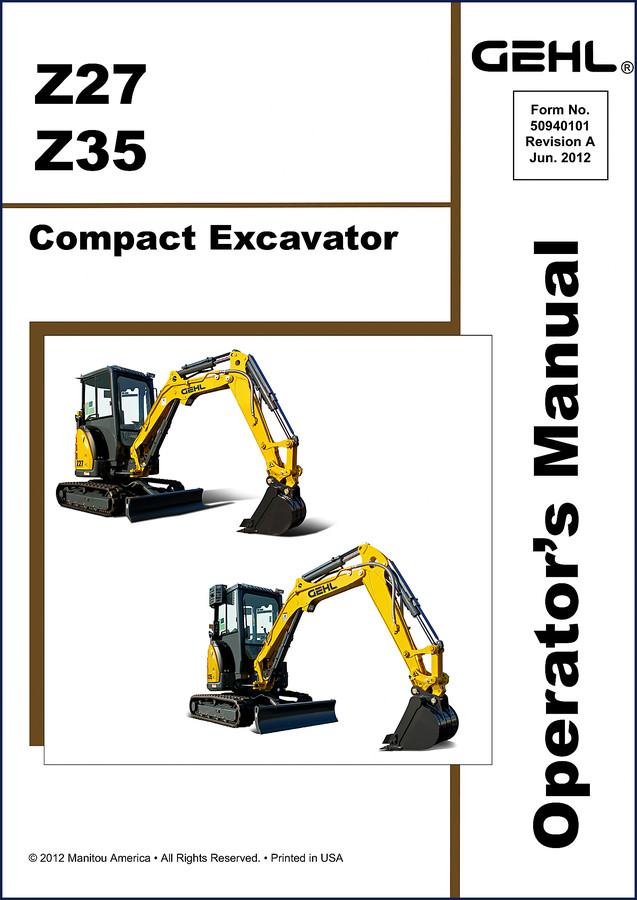 GEHL Z27 Z35 2012 Operators Manual cover showing compact excavator on front