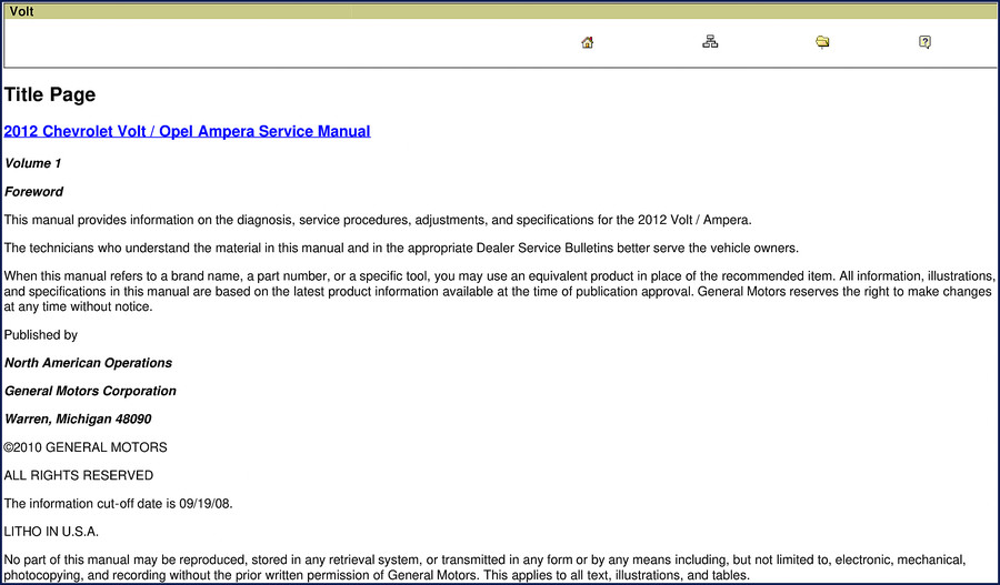 2012 Chevrolet Volt / Opel Ampera Service Manual cover page showing GM logo and title