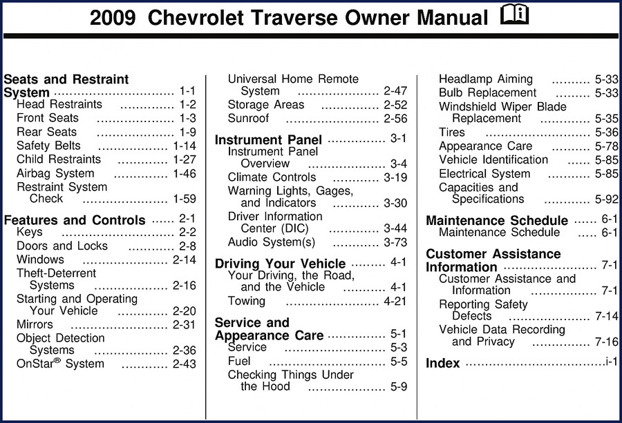2009 Chevrolet Traverse Owner Manual cover - General Motors user manual PDF