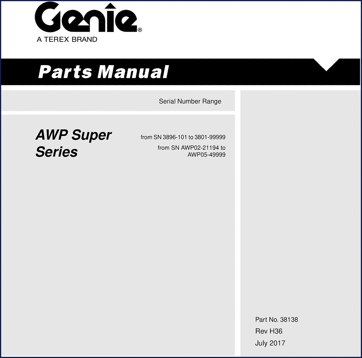 Genie AWP Super 2017 Parts Catalog cover - factory OEM manual