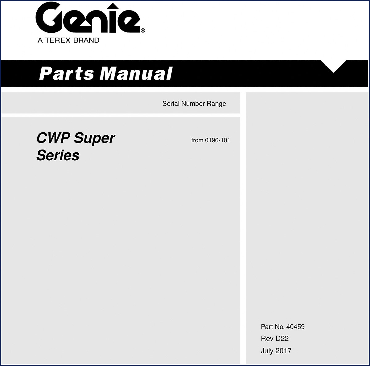Genie CWP Super 2017 Parts Catalog cover - factory OEM manual for CWP Super lifts