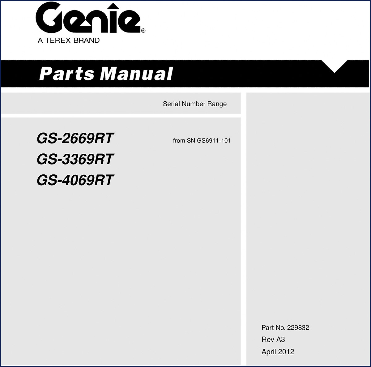 Genie GS-2669RT GS-3369RT GS-4069RT 2012 Parts Catalog cover image