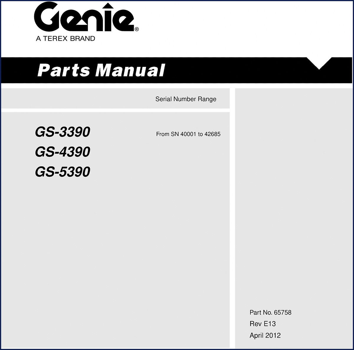 Genie GS-3390 GS-4390 GS-5390 2012 Parts Catalog cover