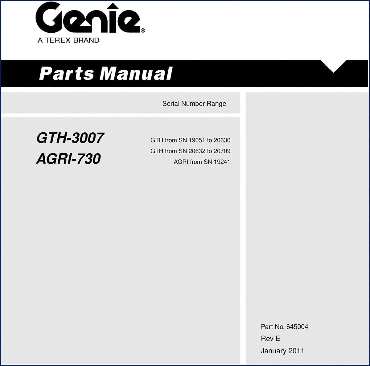 Genie GTH-3007 AGRI-730 2011 Parts Catalog cover showing telehandler and manual