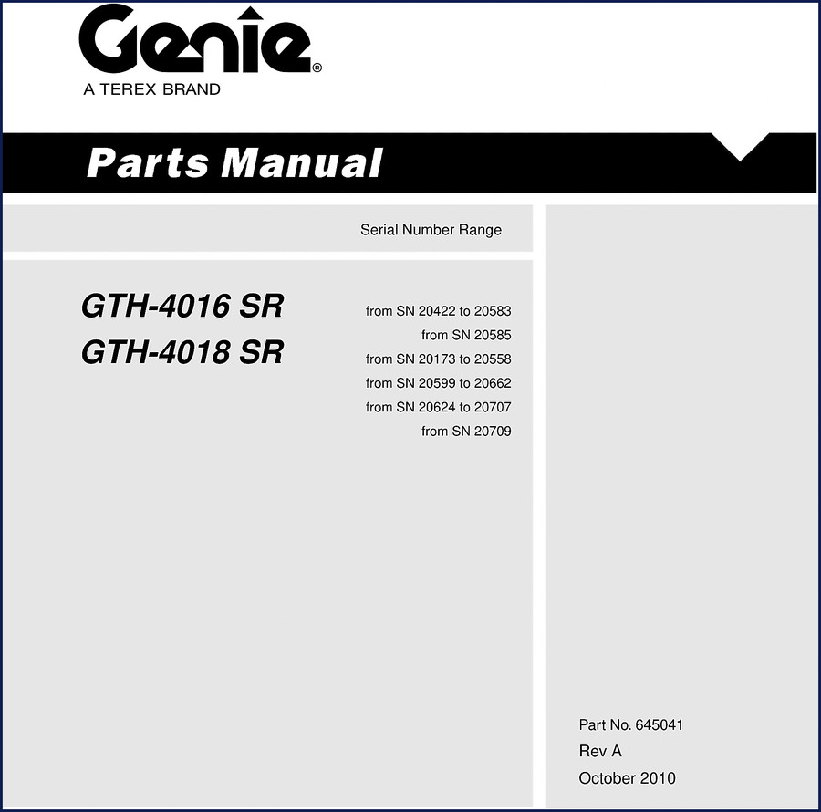 Genie GTH-4016 and GTH-4018 2010 Parts Catalog manual cover, showing telehandler
