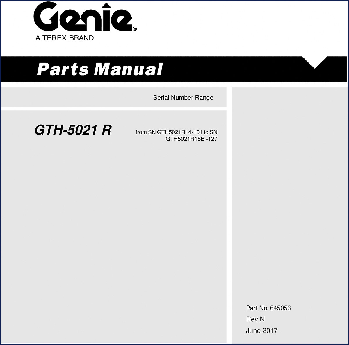 Genie GTH-5021 R 2017 Parts Catalog cover - OEM factory manual for telehandler parts