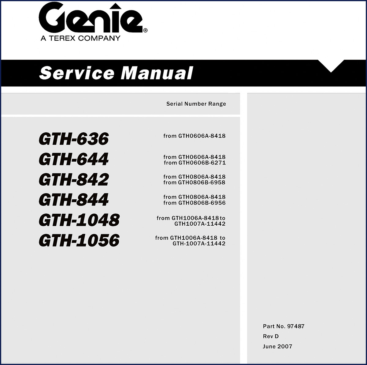 Genie GTH-644 2007 Service Manual cover showing models GTH-636, GTH-644, GTH-842, GTH-844, GTH-1048