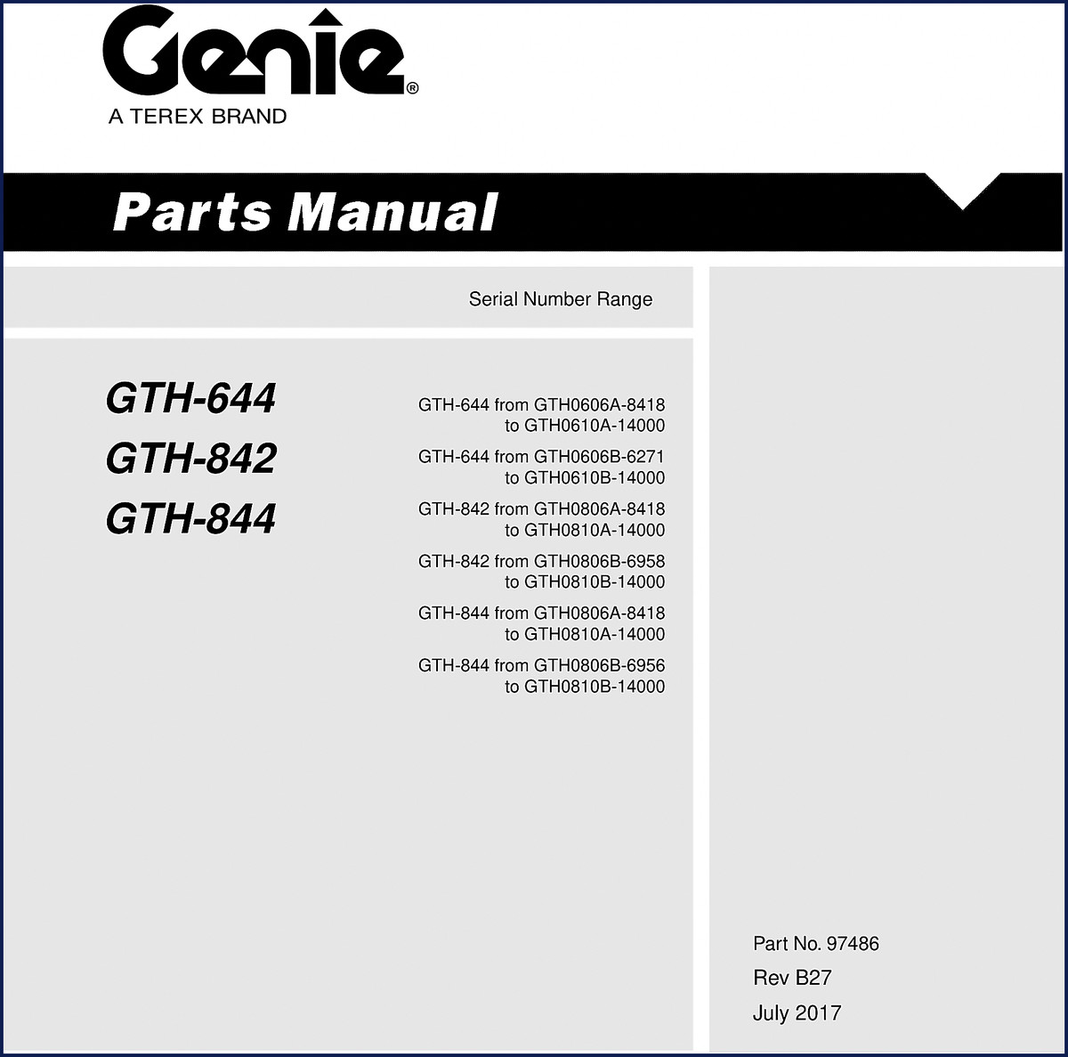 Genie GTH-644 Parts Catalog 2017 cover page showing telehandler model