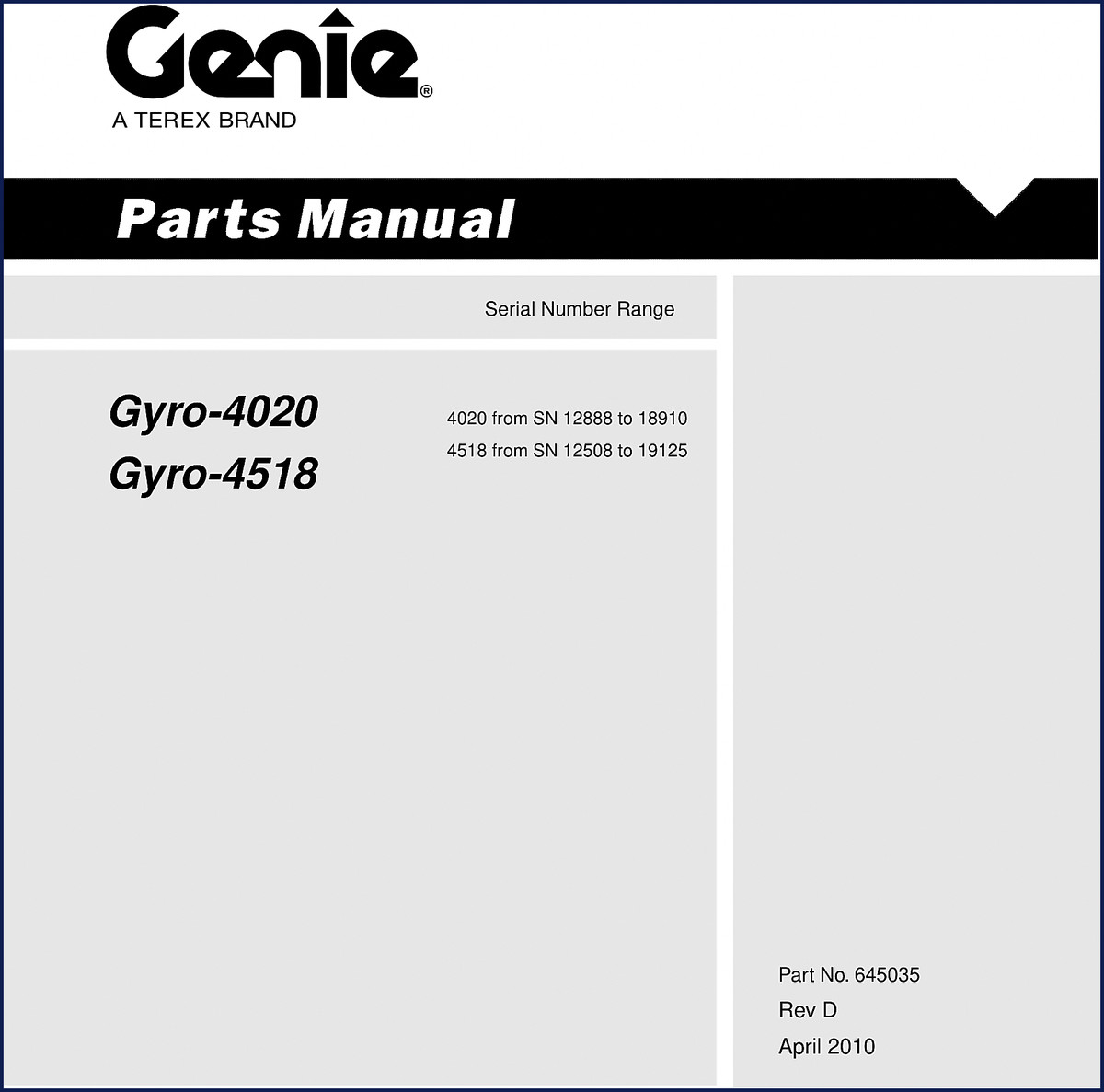 Genie Gyro-4020, Gyro-4518 2010 Parts Catalog front cover - OEM factory manual