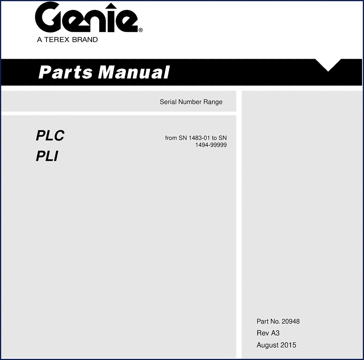 Genie PLC PLI 2015 Parts Catalog factory OEM manual cover with serial number range and part number 20948 Rev A3