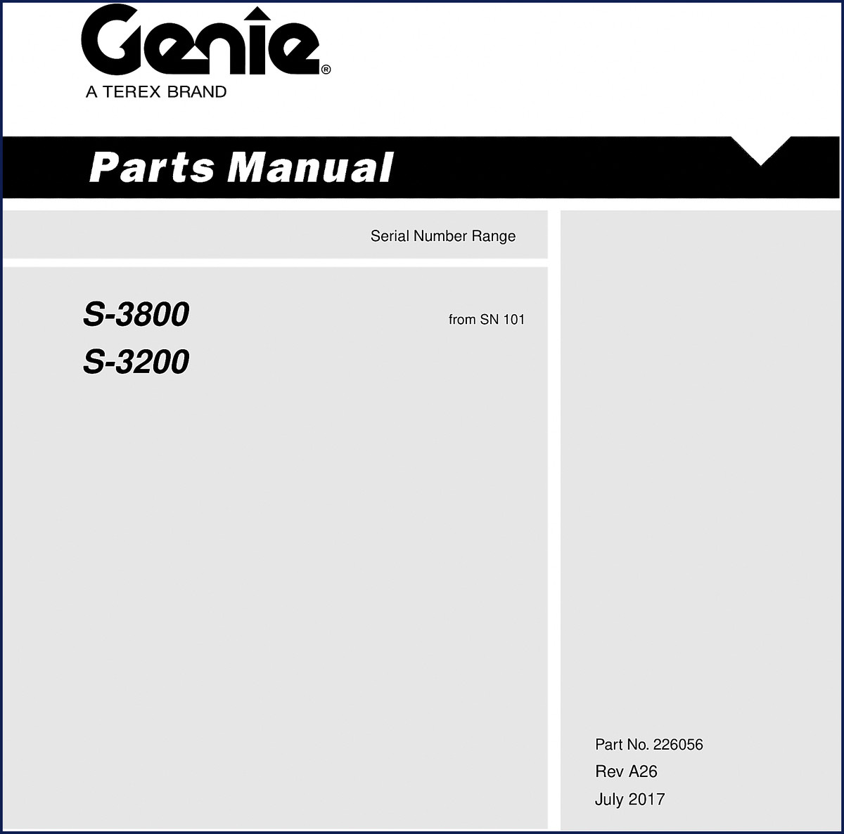 Genie S-3800 S-3200 2017 Parts Catalog cover showing aerial work platform