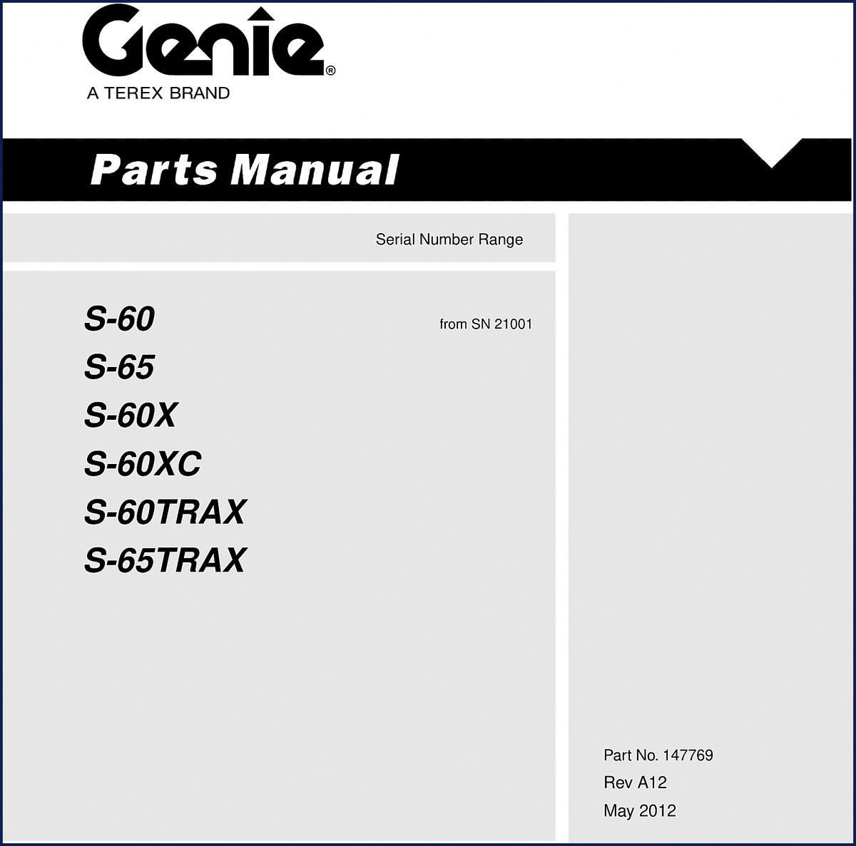 Genie S-60 S-65 S-60X S-60XC S-60TRAX 2012 Parts Catalog cover image