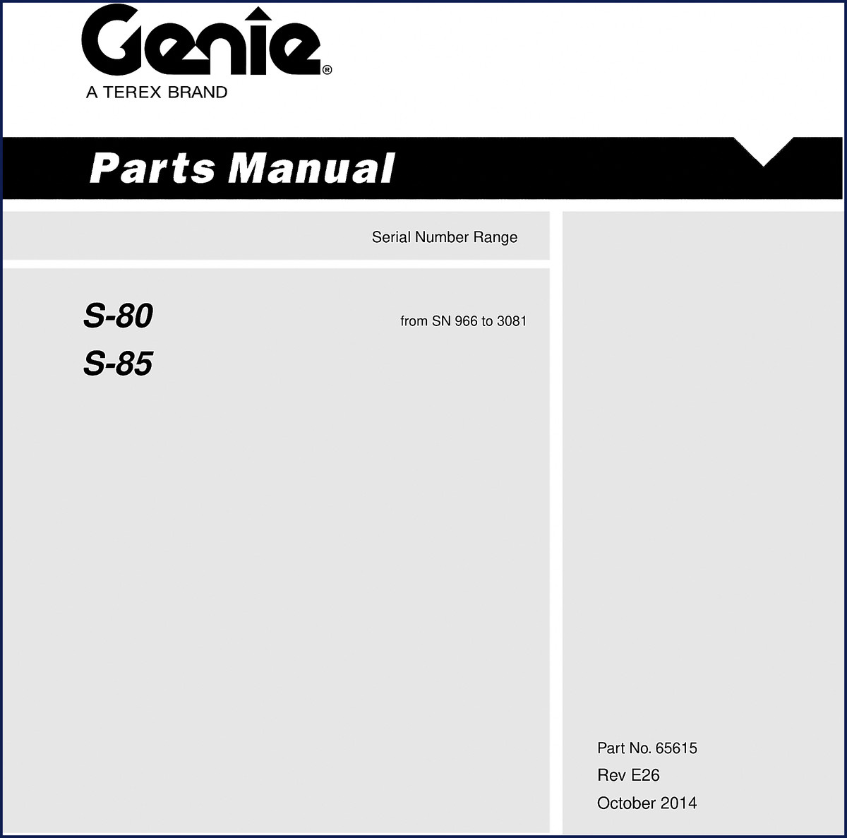 Genie S-80 and S-85 parts catalog cover 2014