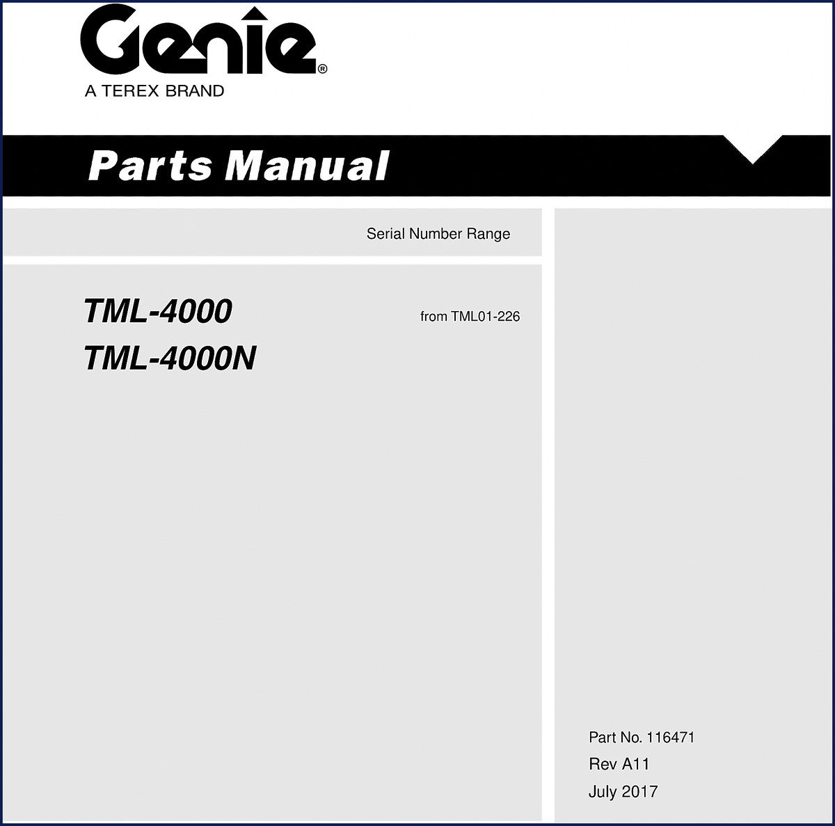 Genie TML-4000 TML-4000N 2017 Parts Catalog cover