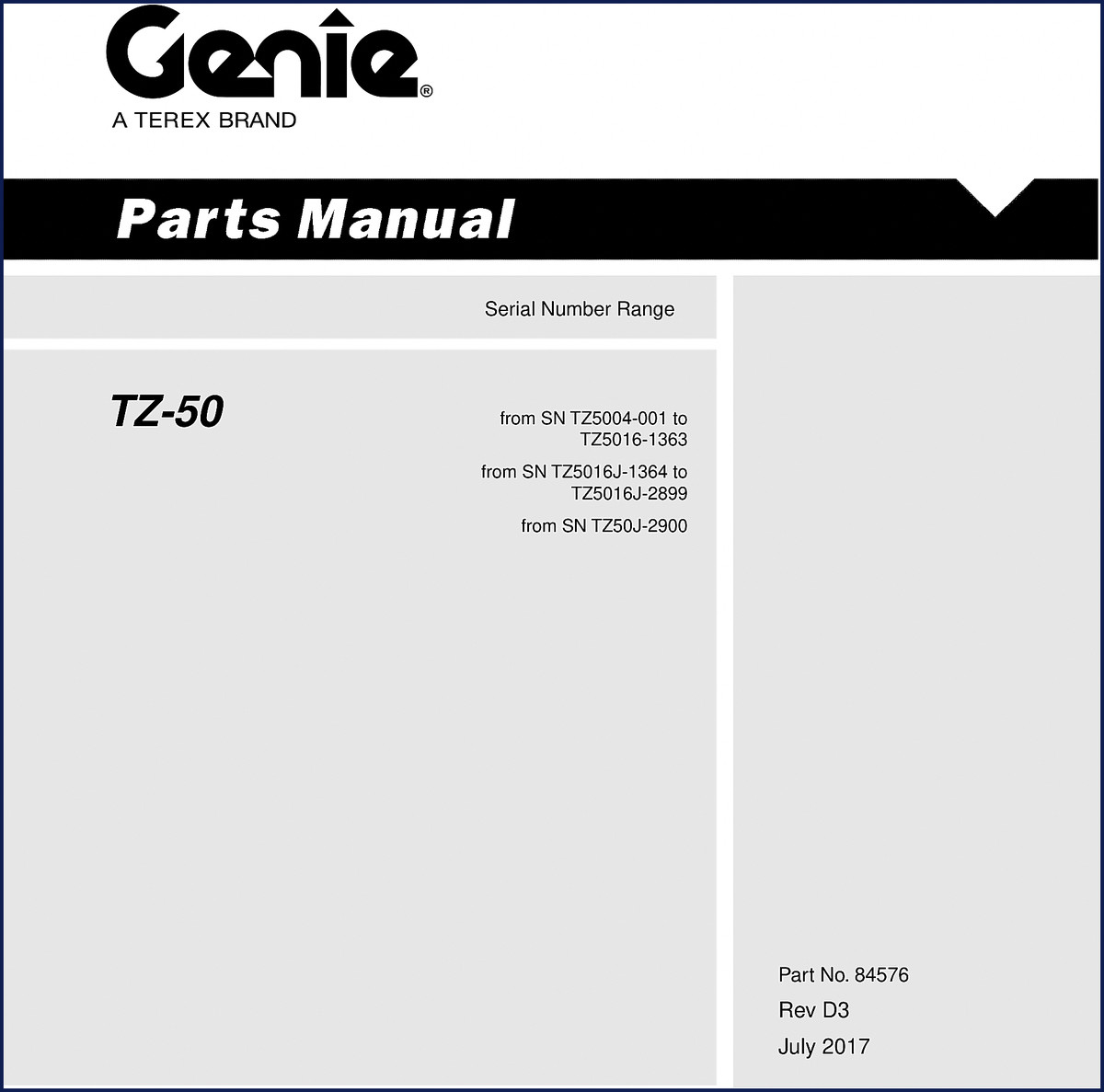 Genie TZ-50 2017 Parts Catalog - factory OEM parts manual cover