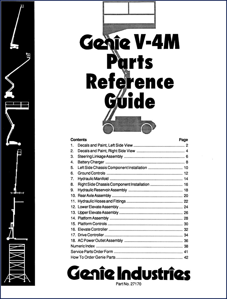 Genie V-4M Parts Catalog cover – factory OEM parts manual for construction equipment, 42 pages
