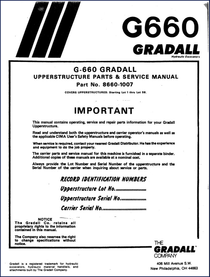 1974 Gradall G-660 Parts Catalog cover page showing upperstructure parts manual part number 8660-1007