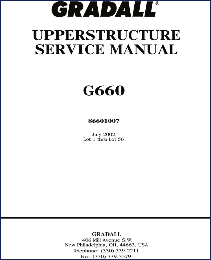Gradall G660 2002 Upperstructure Service Manual front cover showing Gradall logo and model G660
