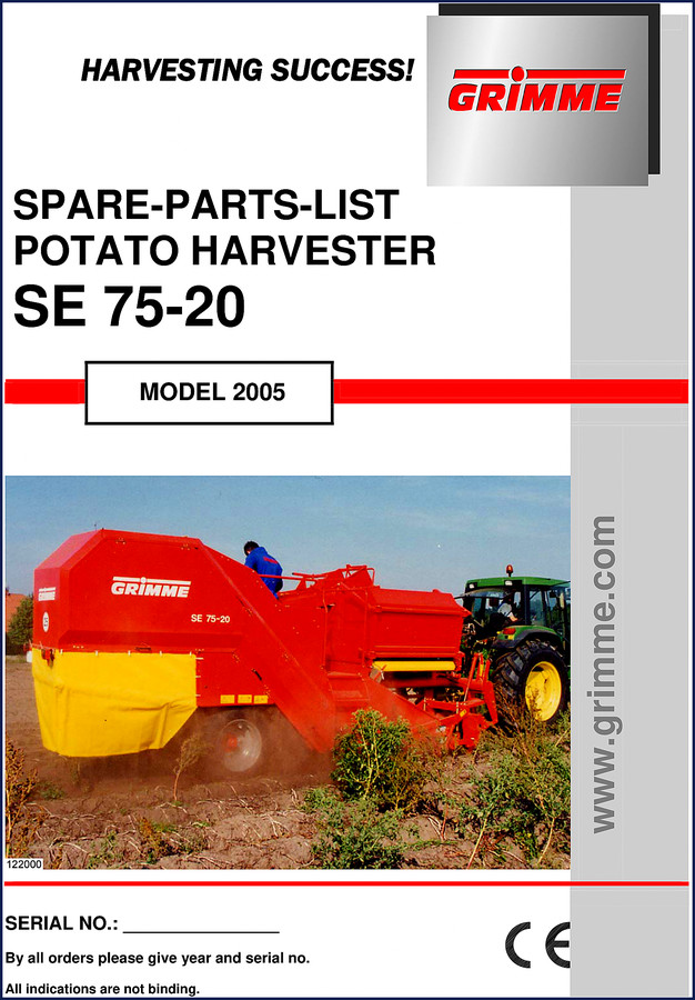 Grimme SE 75-20 2005 Parts Catalog cover page showing harvester and part numbers