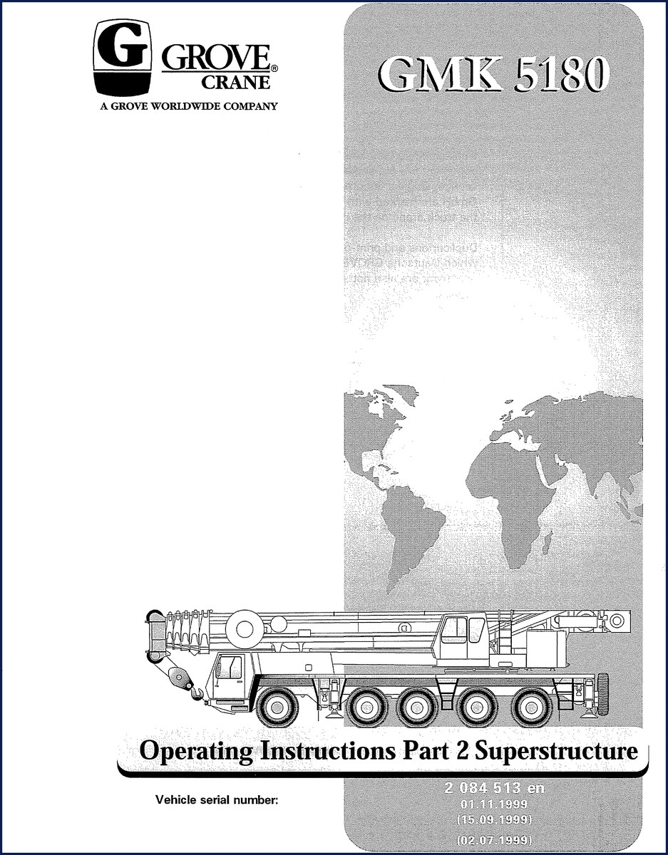 1999 Grove GMK 5180 Operators Manual cover page showing crane illustration and manual title