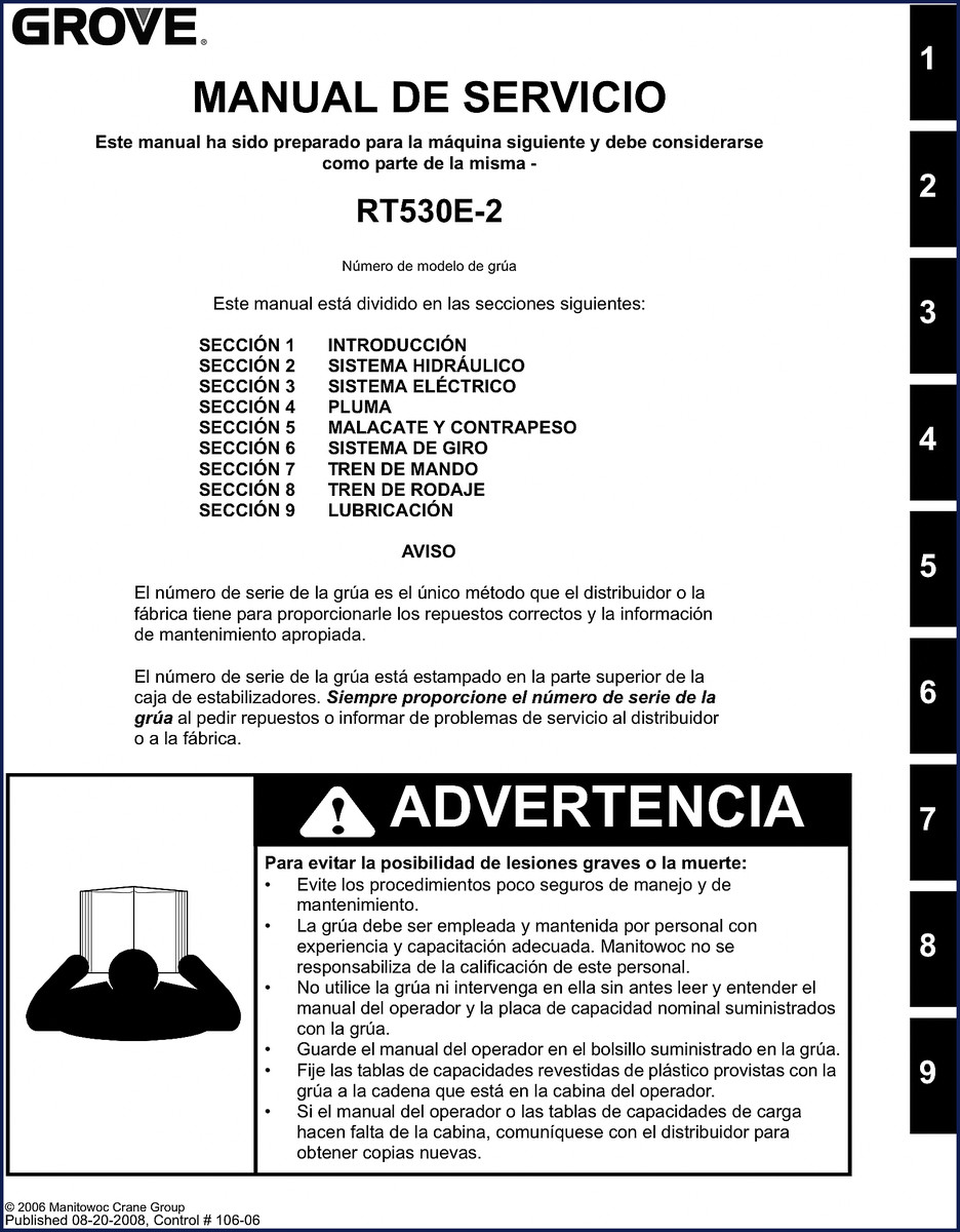 Grove RT530E-2 2008 Service Manual cover showing crane diagram and factory branding