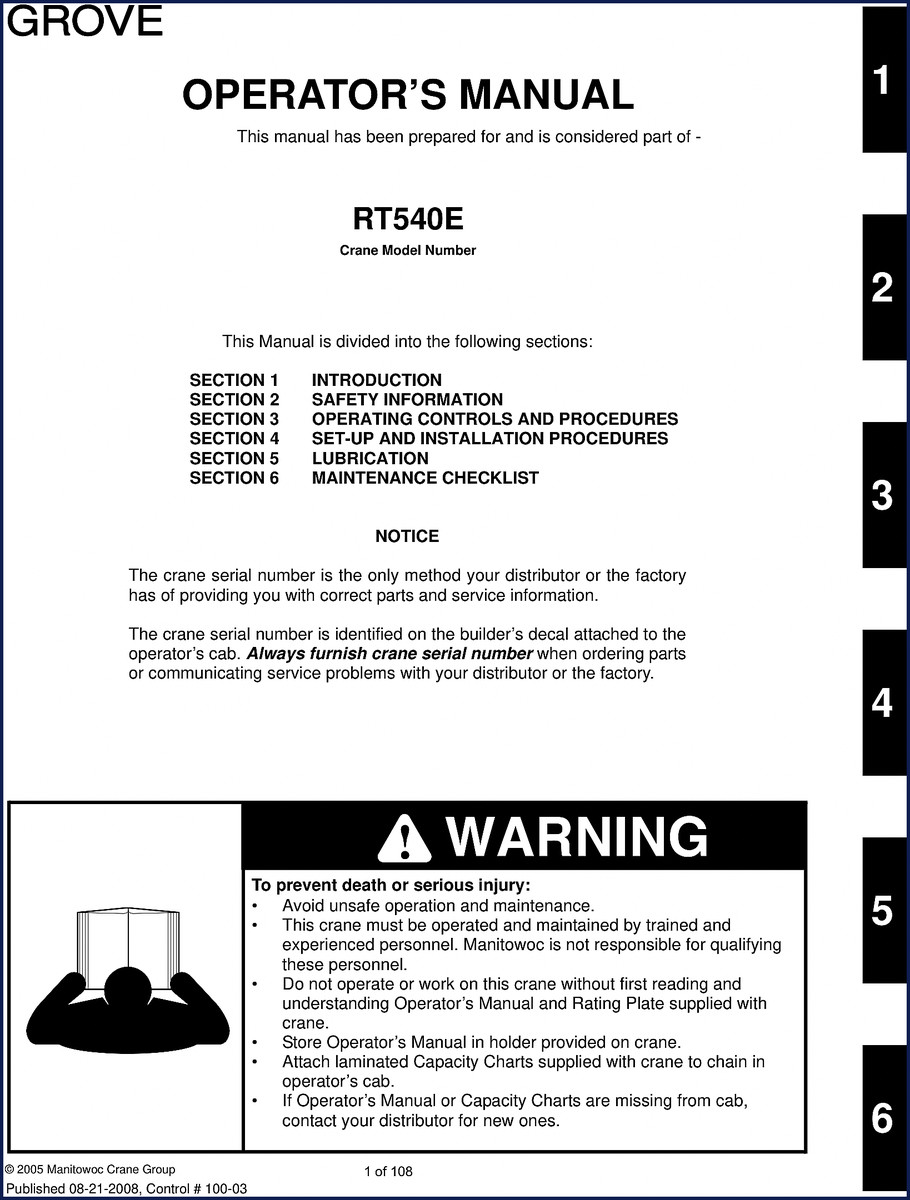 Grove RT540E 2008 Operators Manual cover page showing crane model