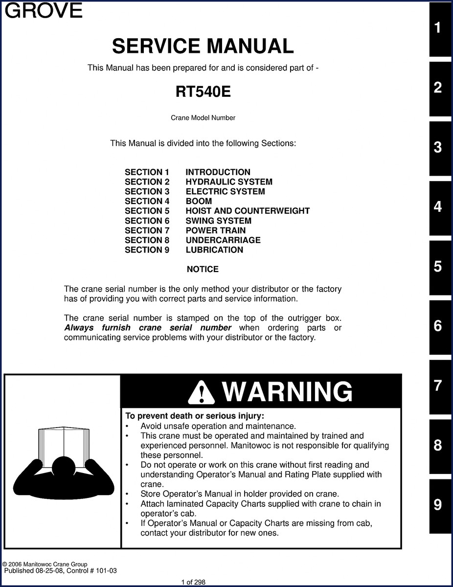 Grove RT540E 2008 Service Manual cover – OEM factory document 298 pages