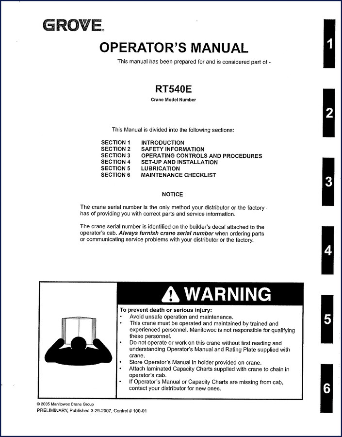 Grove RT540E 2007 Operators Manual cover – factory OEM documentation for RT540E crane