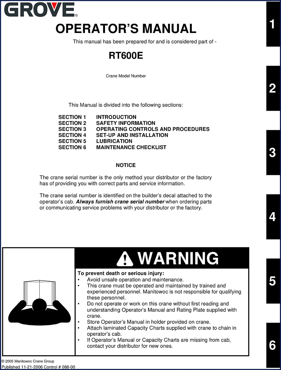 2006 Grove RT600E Operators Manual cover showing crane illustration and manual title