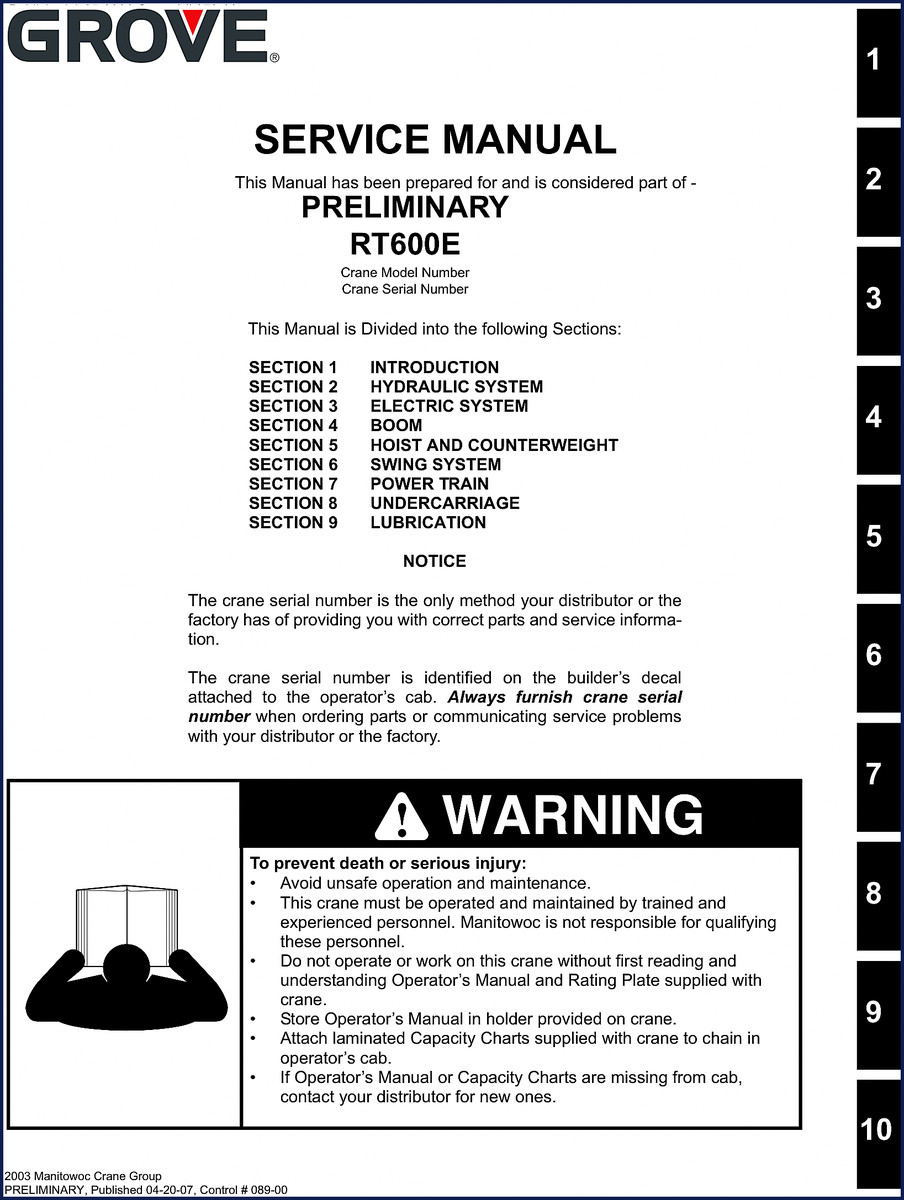 Grove RT600E 2007 Service Manual cover showing crane model and OEM logo