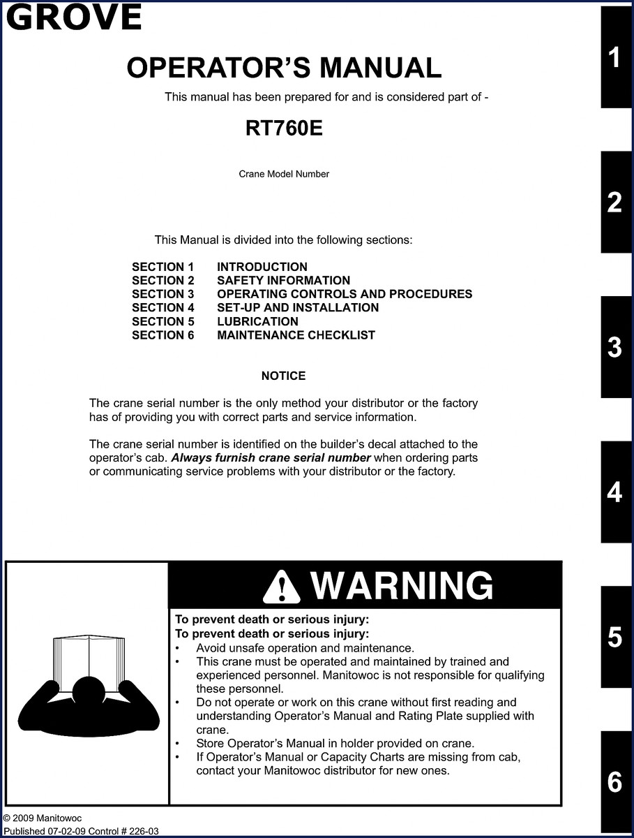 Grove RT760E 2009 Operators Manual cover showing crane and cab controls