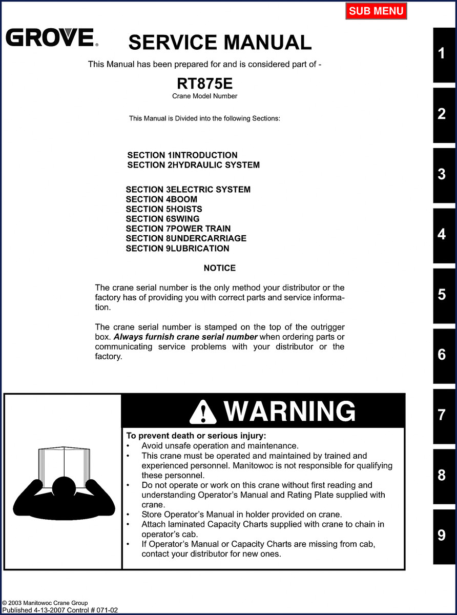 2007 Grove RT875E Service Manual cover