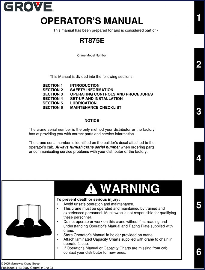 Grove RT875E 2007 Operator's Manual cover showing crane model and OEM branding