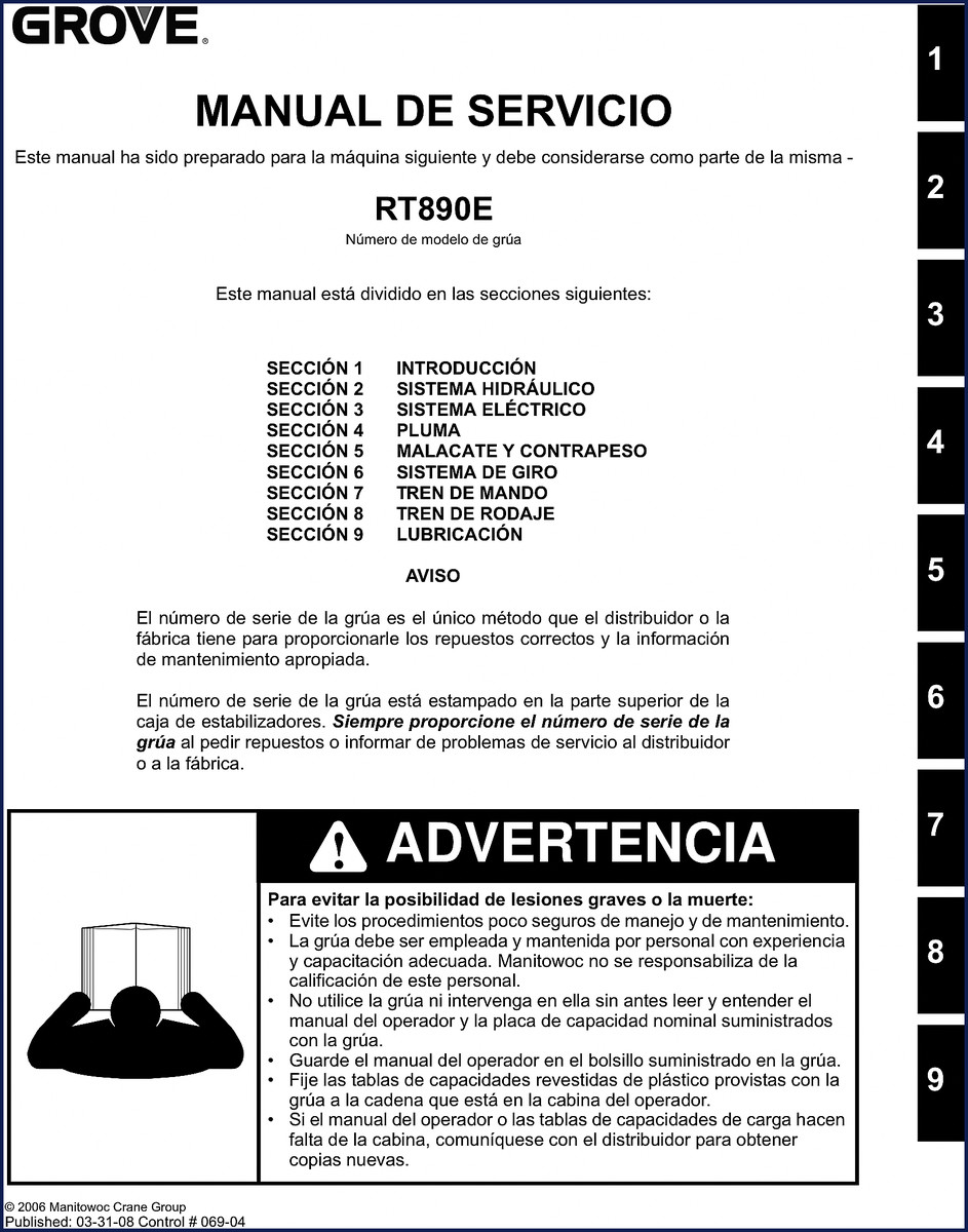 Grove RT890E 2008 Service Manual cover showing crane specifications and factory wiring diagrams