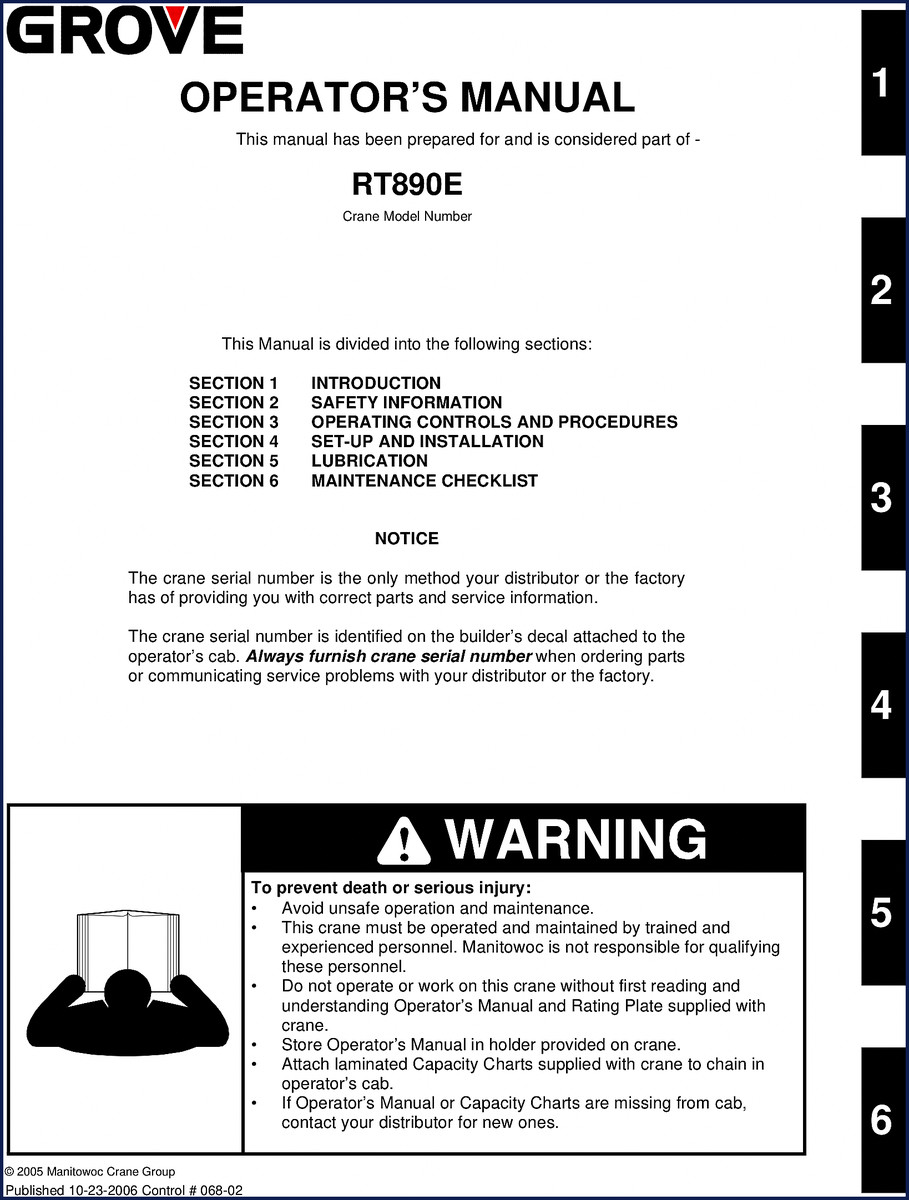 Grove RT890E 2006 Operators Manual cover page showing crane model and safety warning