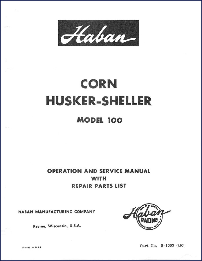 Haban Model 100 Corn Husker-Sheller Operation and Service Manual cover - 23 pages