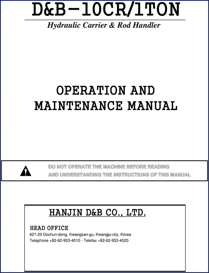 Hanjin D&B 10CR Operators Manual cover page for 1-ton hydraulic carrier and rod handler