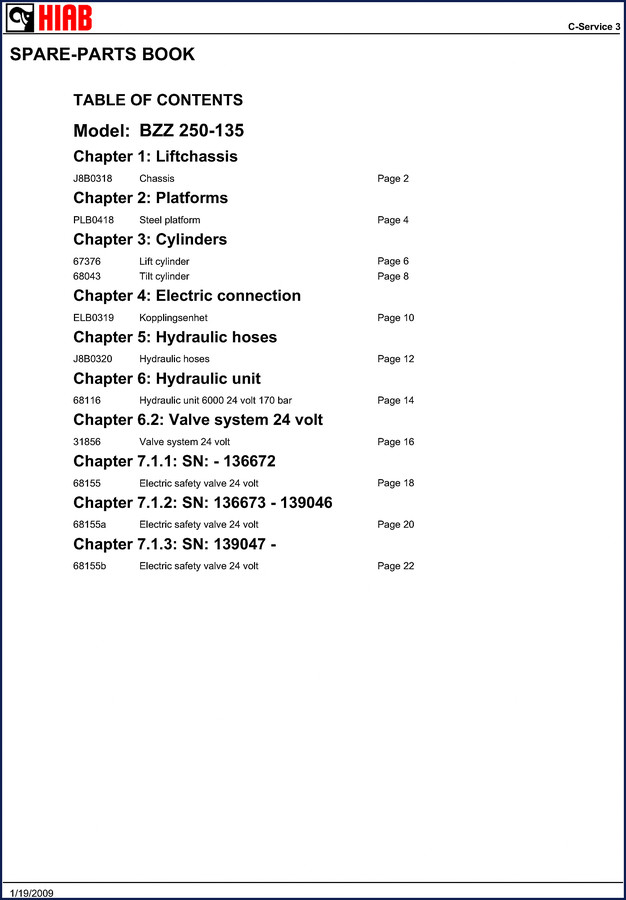 HIAB BZZ 250-135 2009 Parts Catalog cover - Factory OEM Spare Parts List