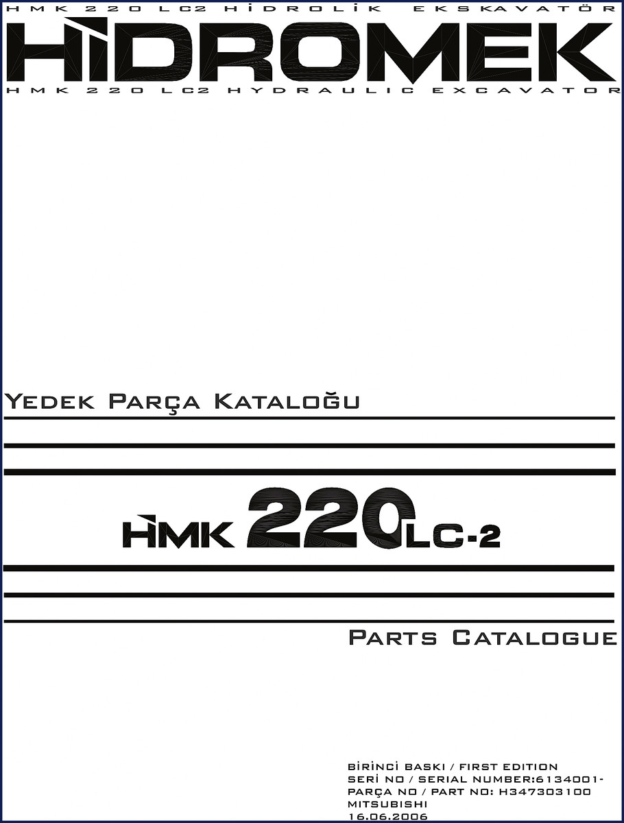 Hidromek HMK 220 LC2 2006 Parts Catalog cover showing front page with serial number and part number H347303100
