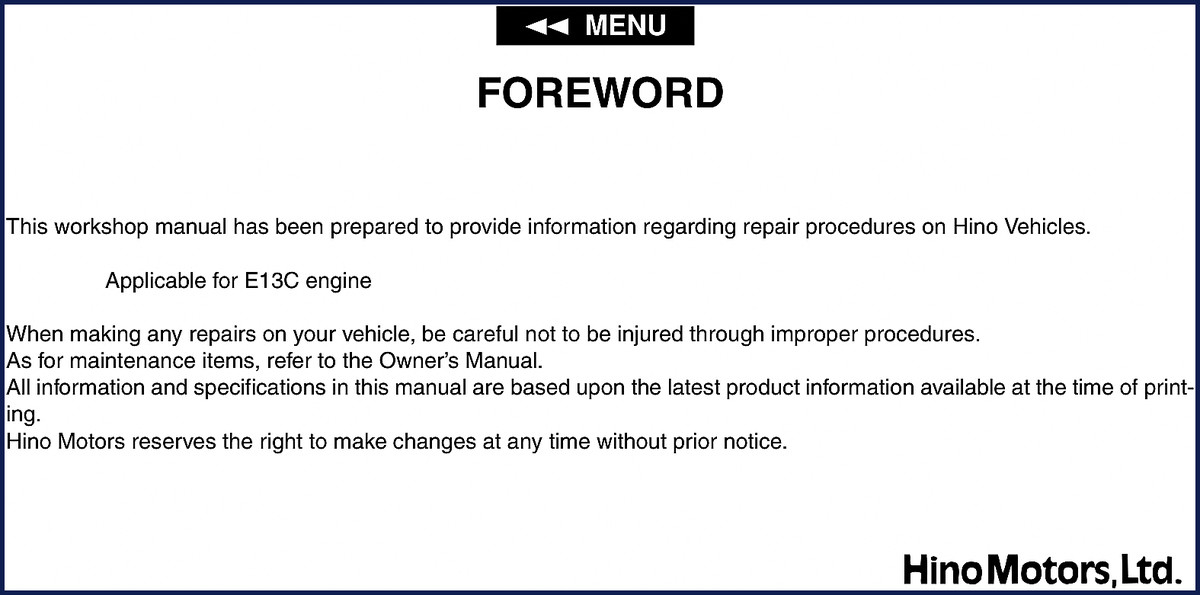 Hino E13C workshop manual cover – 412 pages OEM factory specification