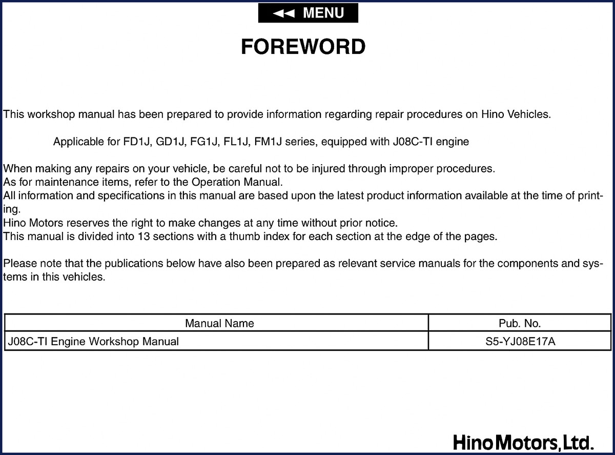 Hino FD1J, GD1J, FG1J, FL1J, FM1J Workshop Manual cover - OEM factory service manual