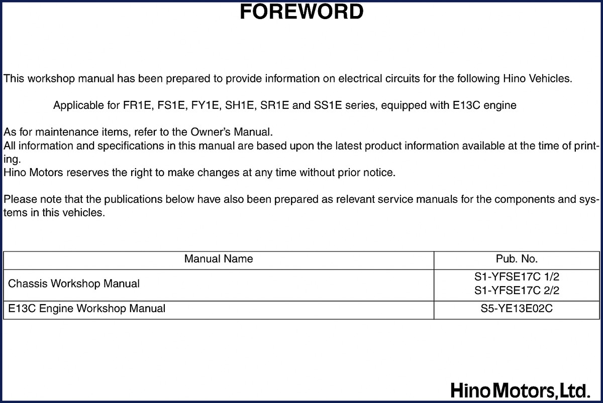 Hino FR1E FS1E FY1E SH1E SR1E Workshop Manual - 288 pages wiring diagram cover