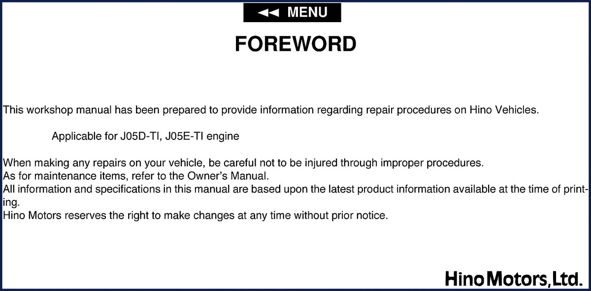 Hino J05D-TI J05E-TI workshop manual cover page showing engine diagram and model designation