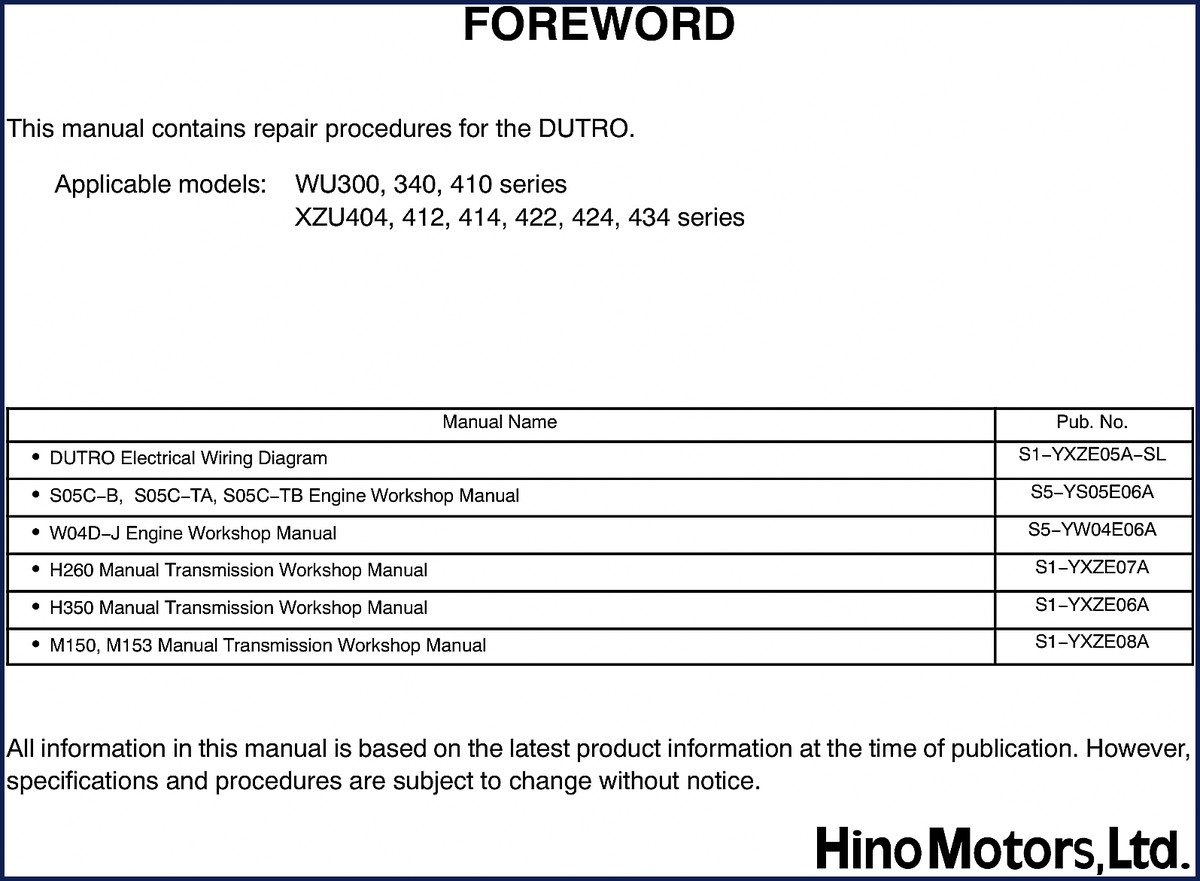 Hino WU300 Workshop Manual cover - OEM factory document for DUTRO chassis