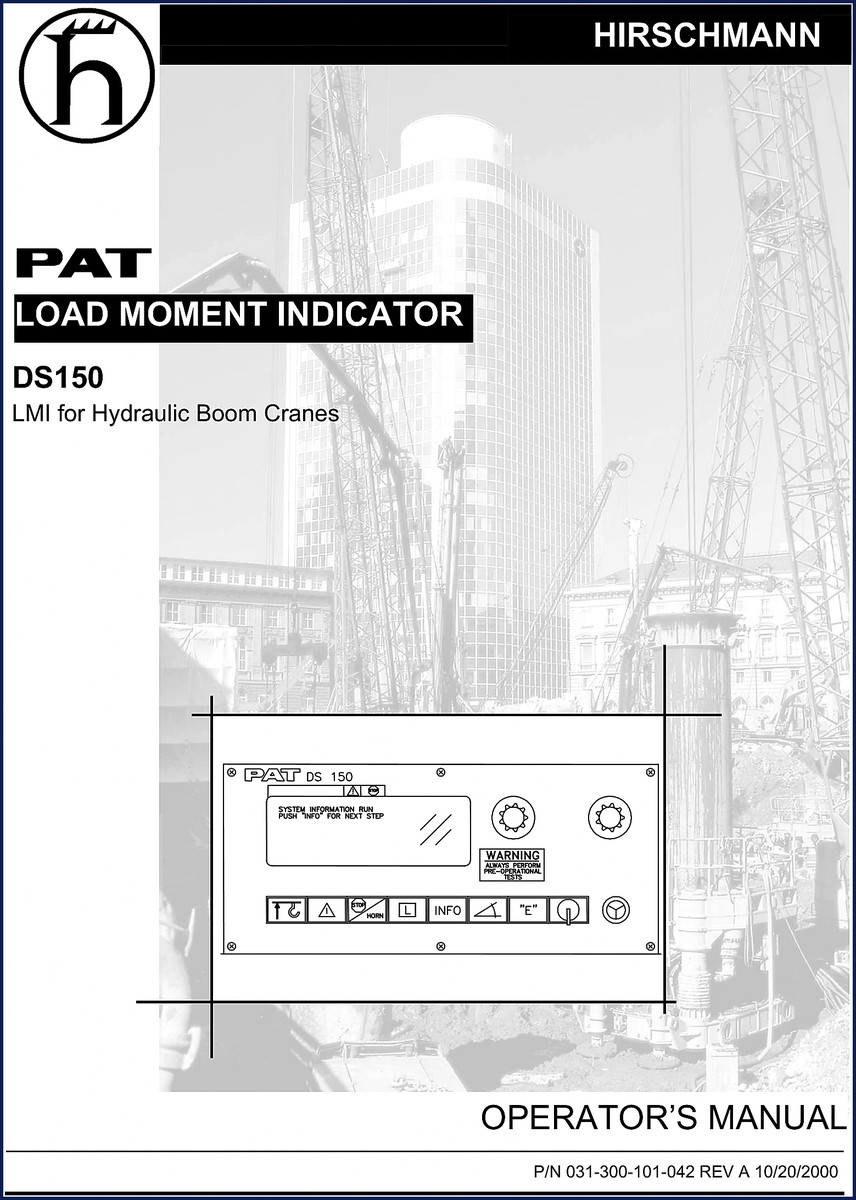 Hirschmann DS150 2000 Operators Manual cover showing PAT Load Moment Indicator for hydraulic boom cranes